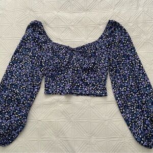 Dynamite Blue Floral Cropped Square Neck Blouse